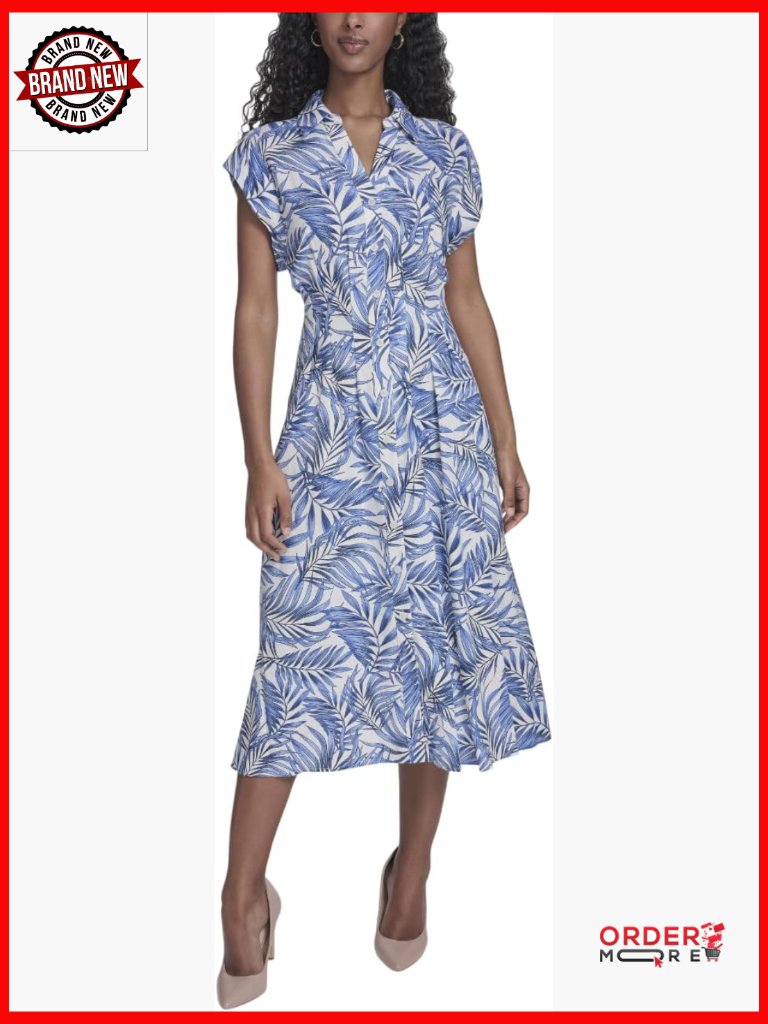 Cap Sleeve Collared Waist Pleating A-Line Midi Shirt Dress